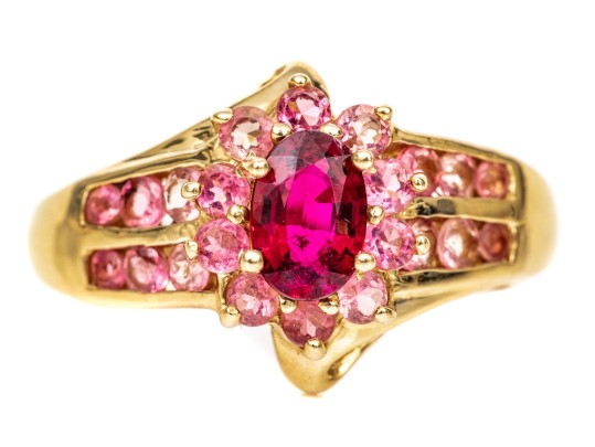 14k Yellow Gold Retry Style Bypass Dark And Light Pink Tourmaline Cluster Ring, Size 6+