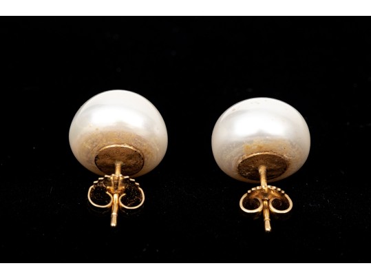 14k Yellow Gold Striking 13mm Cultured Freshwater Pearl Earrings