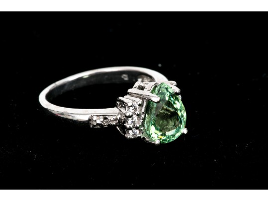 18k White Gold Pretty Seafoam Tourmaline And Diamond Ring, Size 5
