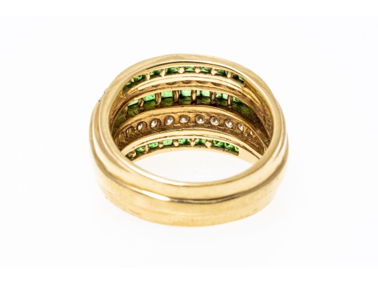 Handsome 14K Channel Set Tsavorite And Diamond Set Ring, Size 9.25