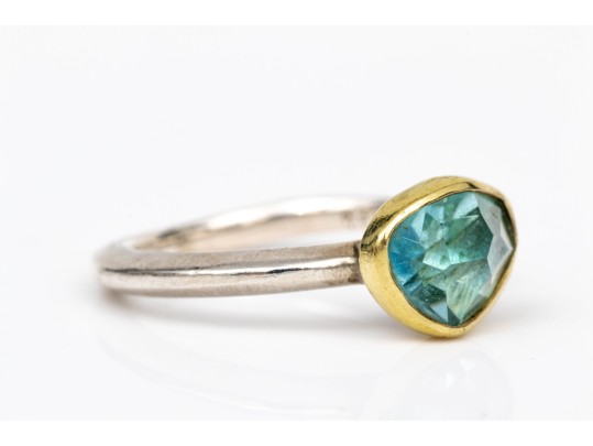 Sterling Silver And 18k Striking Bezel Set Blue Topaz Ring, Size 6.25-