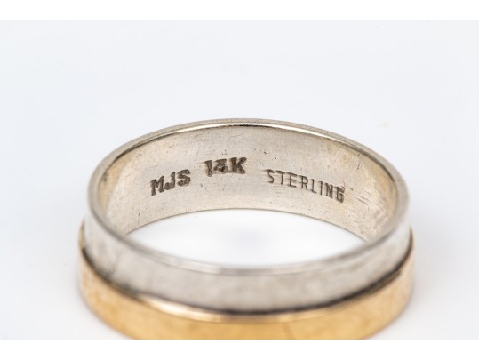 18k And Sterling Silver Contemporary Ridged 6mm Band Style Ring, Size 7.5