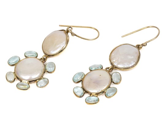 Sterling Vermeil Lovely Cultured Freshwater Pearl And Blue Topaz Flower Earrings