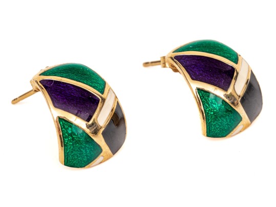 14k Yellow Gold Fun Blue And Green Enamel Tapered Domed Earrings
