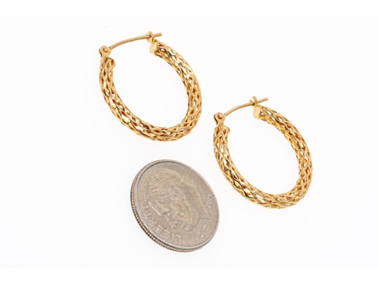 14k Yellow Gold Striking Diamond Cut Patterned Lattice Hoop Earrings