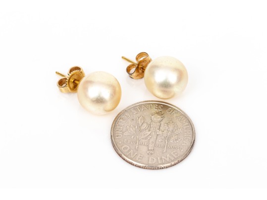 14k Yellow Gold Handsome Classic 9.25 MM Cultured Pearl Earrings