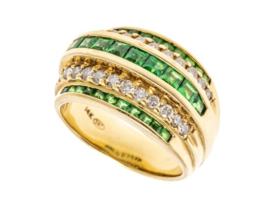 Handsome 14K Channel Set Tsavorite And Diamond Set Ring, Size 9.25