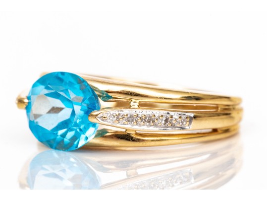 14k Yellow Gold Striking East/west Set Blue Topaz And Diamond Ring, Size 6.75