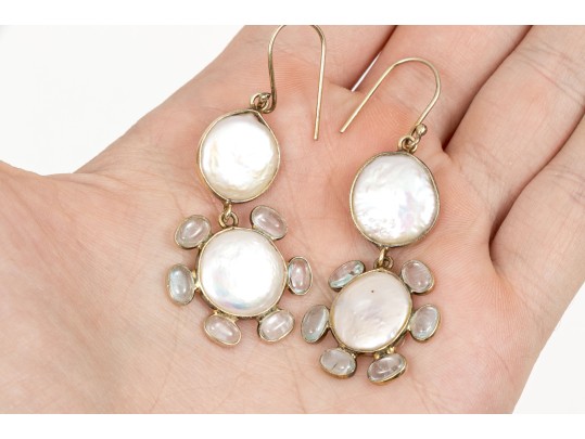 Sterling Vermeil Lovely Cultured Freshwater Pearl And Blue Topaz Flower Earrings