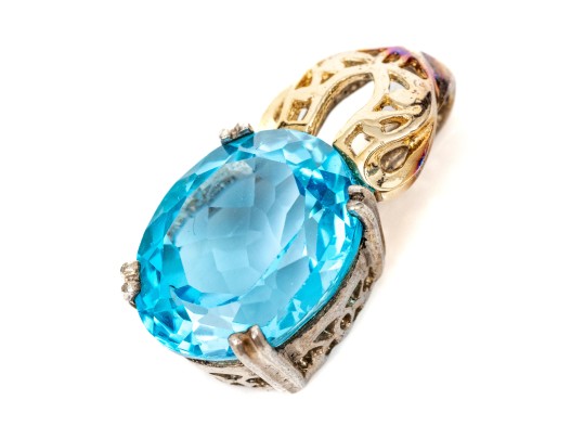 Sterling Silver And 14k Yellow Gold Striking Blue Topaz Pendant, App. 5.63 CTS