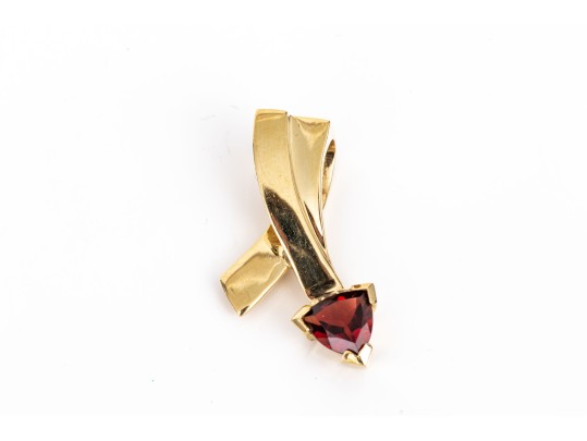 14k Yellow Gold Contemporary Trillion Garnet Set Pendant, App. 0.80 CTS