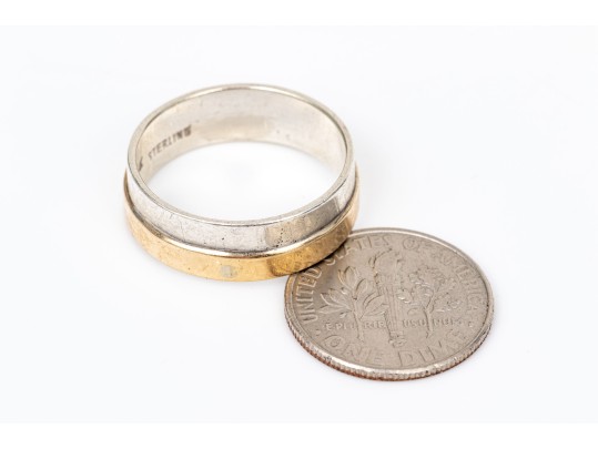 18k And Sterling Silver Contemporary Ridged 6mm Band Style Ring, Size 7.5