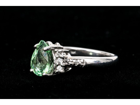 18k White Gold Pretty Seafoam Tourmaline And Diamond Ring, Size 5