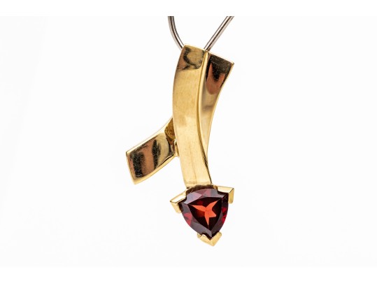 14k Yellow Gold Contemporary Trillion Garnet Set Pendant, App. 0.80 CTS