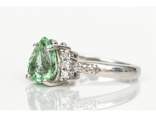 18k White Gold Pretty Seafoam Tourmaline And Diamond Ring, Size 5