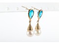 14k Yellow Gold Blue Topaz And Cultured Pearl Dangle Earrings