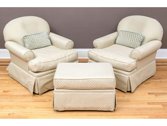 Pair Of Custom Upholstered Club Chair Frames With Single Ottoman