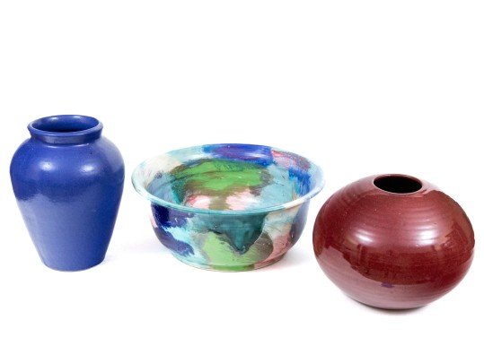 Large Studio Pottery Including Two Vases And A Bowl