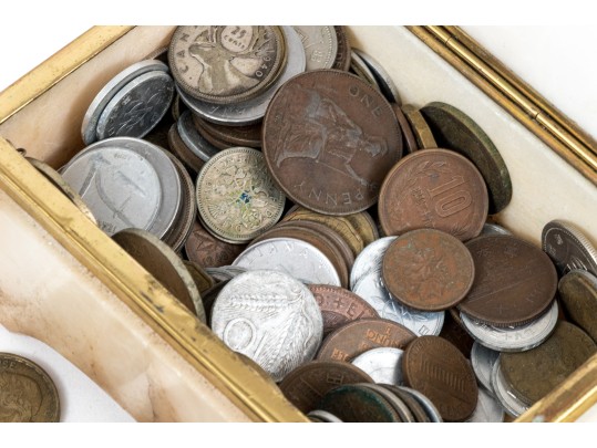 Brass Mounted Onyx Box With Foreign Currency