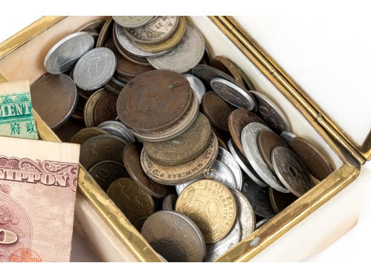 Brass Mounted Onyx Box With Foreign Currency