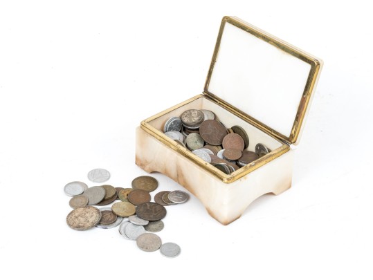 Brass Mounted Onyx Box With Foreign Currency