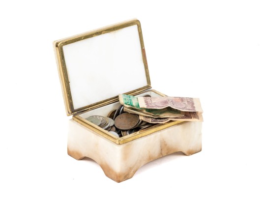 Brass Mounted Onyx Box With Foreign Currency