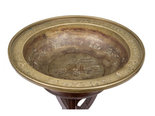 Antique Mahogany Pedestal Stand With Brass Bowl 