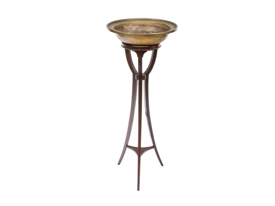 Antique Mahogany Pedestal Stand With Brass Bowl 