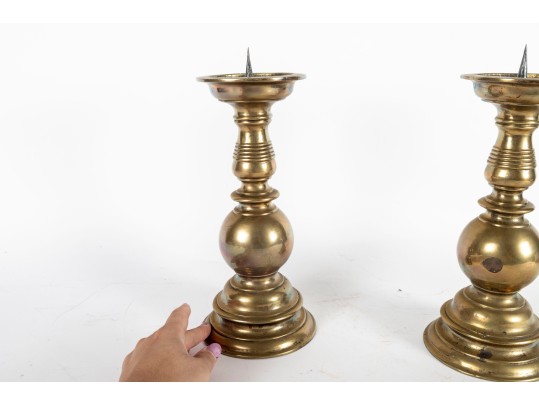 Pair Of Heavy 19th Century Baroque Brass Altar Candle Holders