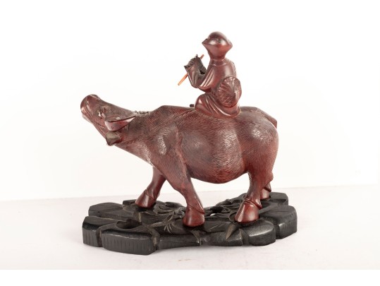Late 19th Centiry Carved Wood Sculpture Of Elder Riding Water Buffalo