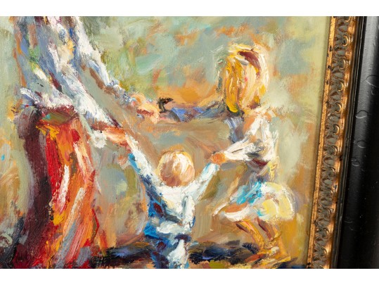 Impressionist Family Scene Oil Painting -- Signed