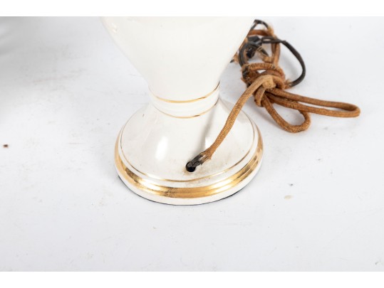 Pair Of Vintage Floral Porcelain Urn Lamps With Gilt Handles