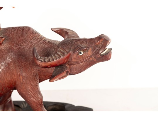 Late 19th Centiry Carved Wood Sculpture Of Elder Riding Water Buffalo