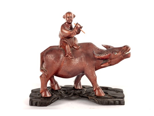 Late 19th Centiry Carved Wood Sculpture Of Elder Riding Water Buffalo