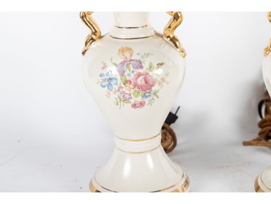 Pair Of Vintage Floral Porcelain Urn Lamps With Gilt Handles