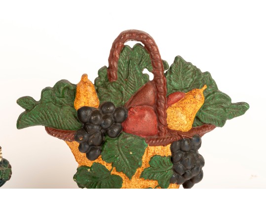 Pair Of Antique Cast Iron Doorstops – Floral And Fruit Basket Motifs