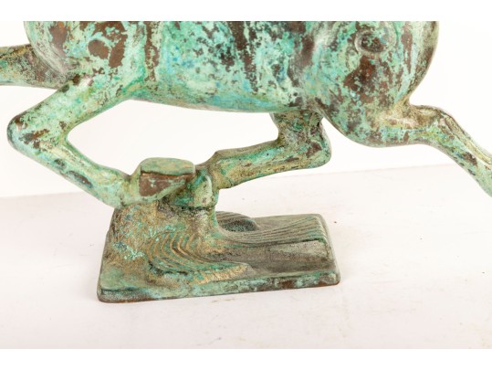 Solid Brass Trotting Horse Sculpture With Verdigris Patina