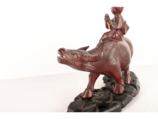 Late 19th Centiry Carved Wood Sculpture Of Elder Riding Water Buffalo