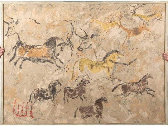 Framed Oil On Art Board – Cave Art/Petroglyph Style Painting