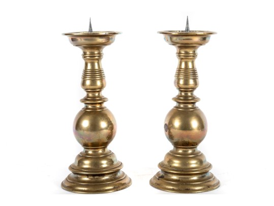 Pair Of Heavy 19th Century Baroque Brass Altar Candle Holders