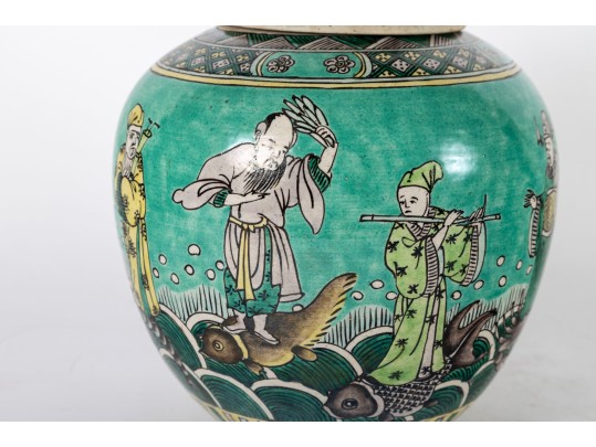 Late 19th / Early 20th Century Famille Verte Ba-Xian Decorated Lidded Jar 