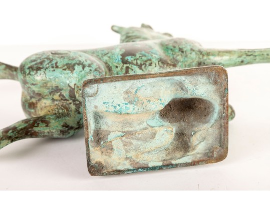 Solid Brass Trotting Horse Sculpture With Verdigris Patina