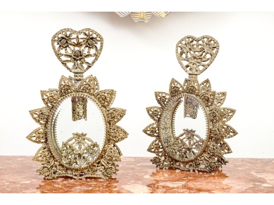 Stunning Pair Of Ornate Ormolu Filigree Perfume Bottles
