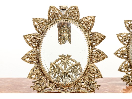 Stunning Pair Of Ornate Ormolu Filigree Perfume Bottles