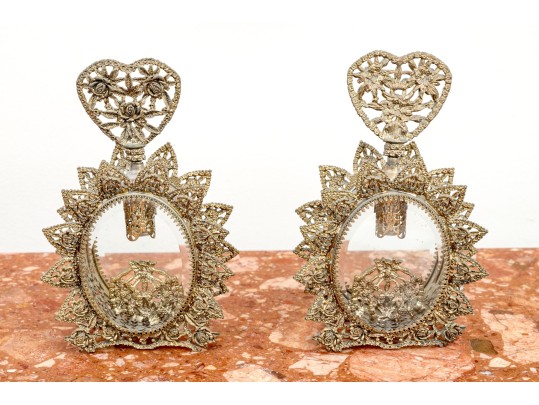Stunning Pair Of Ornate Ormolu Filigree Perfume Bottles