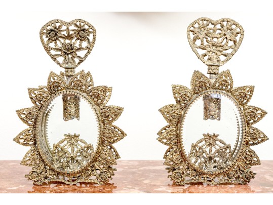 Stunning Pair Of Ornate Ormolu Filigree Perfume Bottles