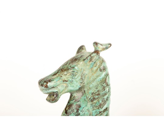 Solid Brass Trotting Horse Sculpture With Verdigris Patina