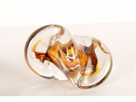 Freeform Art Glass Amber Paperweight — Signed