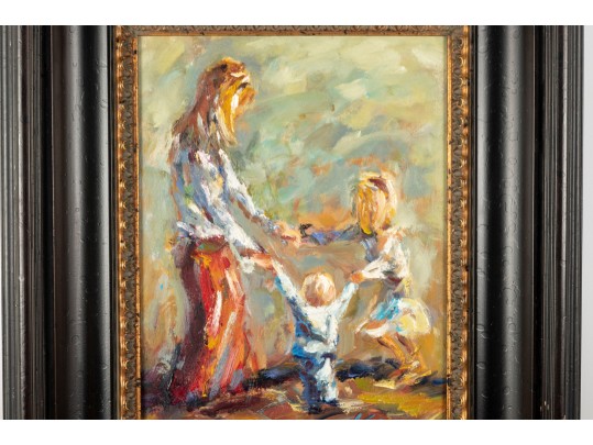 Impressionist Family Scene Oil Painting -- Signed