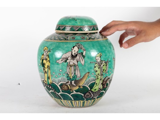 Late 19th / Early 20th Century Famille Verte Ba-Xian Decorated Lidded Jar 